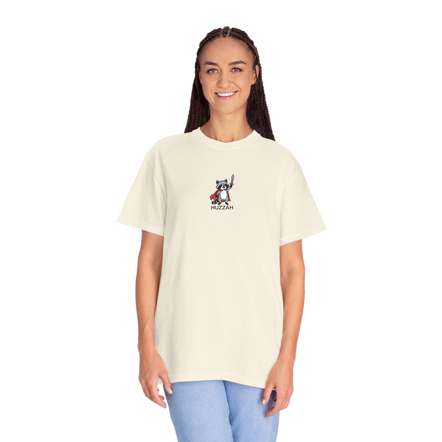 Printify T-Shirt Huzzah Raccoon Embroidery T-Shirt - Comfort Colors