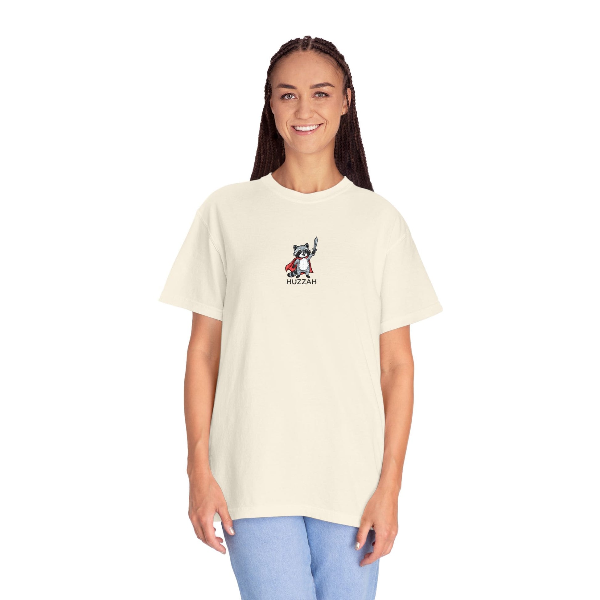 Printify T-Shirt Huzzah Raccoon Embroidery T-Shirt - Comfort Colors