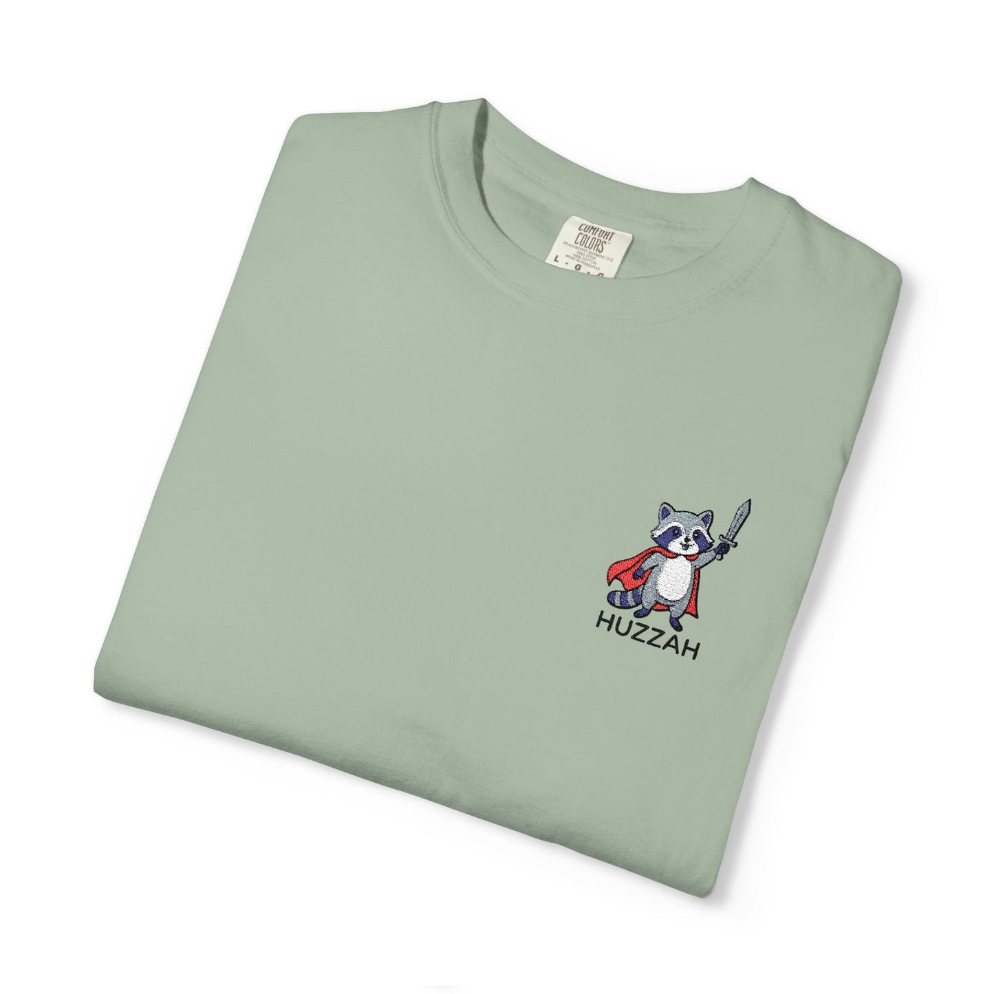 Printify T-Shirt Bay / S Huzzah Raccoon Embroidery T-Shirt - Comfort Colors