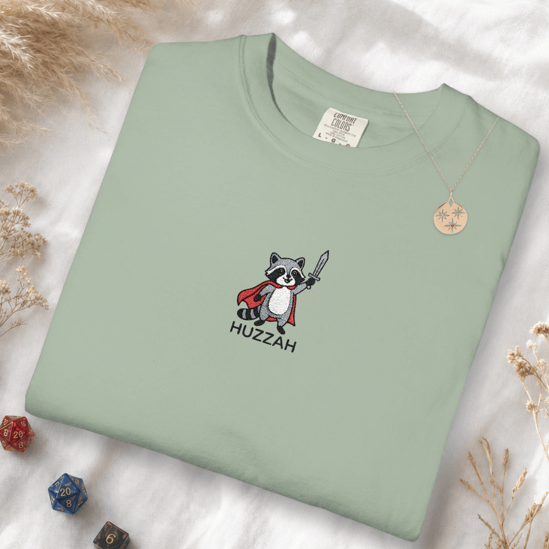 Printify T-Shirt Bay / S Huzzah Raccoon Embroidery T-Shirt - Comfort Colors
