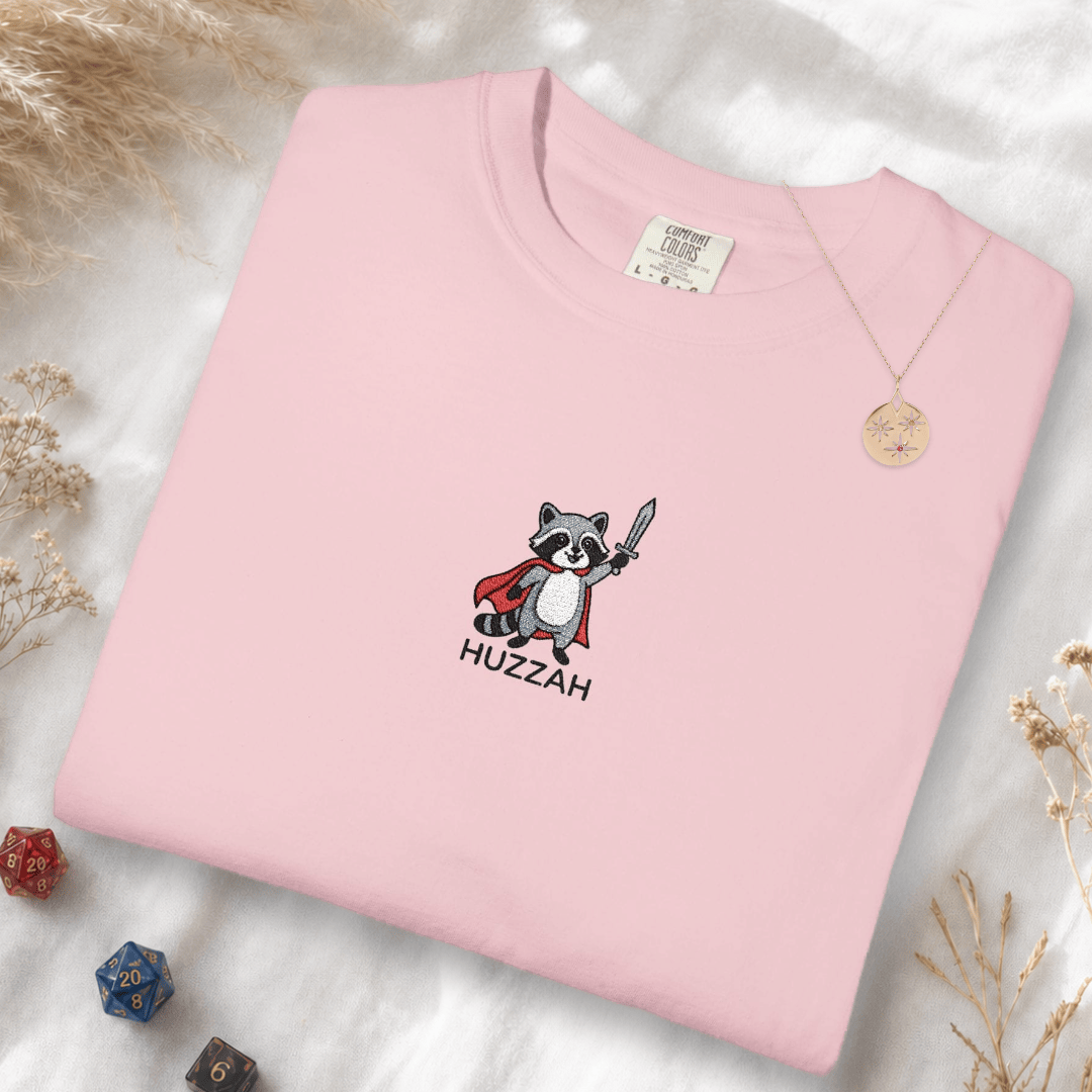 Printify T-Shirt Blossom / S Huzzah Raccoon Embroidery T-Shirt - Comfort Colors