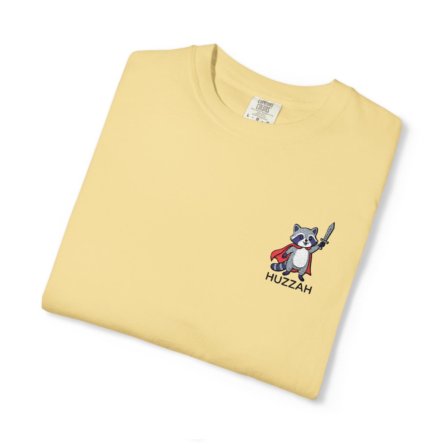 Printify T-Shirt Butter / M Huzzah Raccoon Embroidery T-Shirt - Comfort Colors