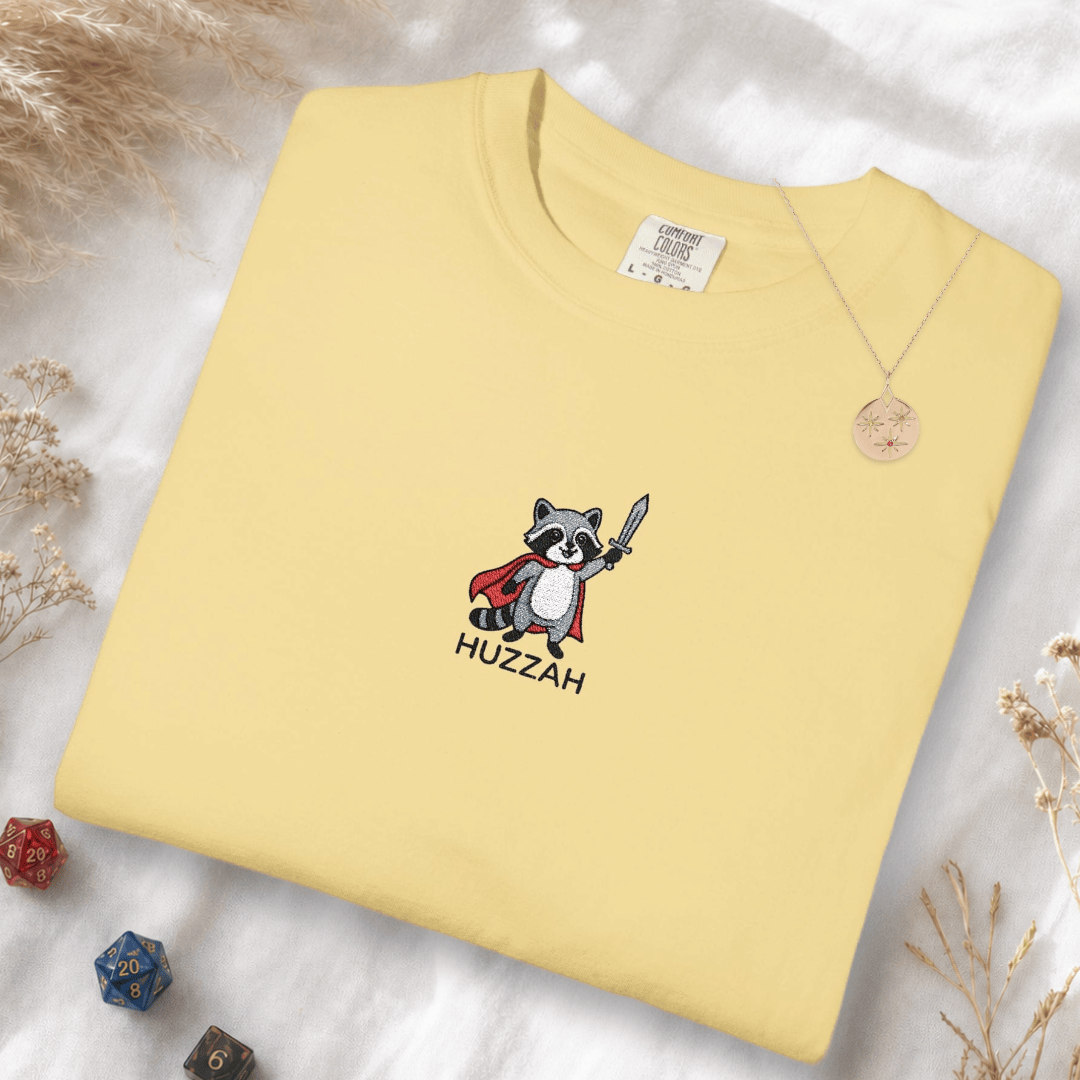Printify T-Shirt Butter / M Huzzah Raccoon Embroidery T-Shirt - Comfort Colors