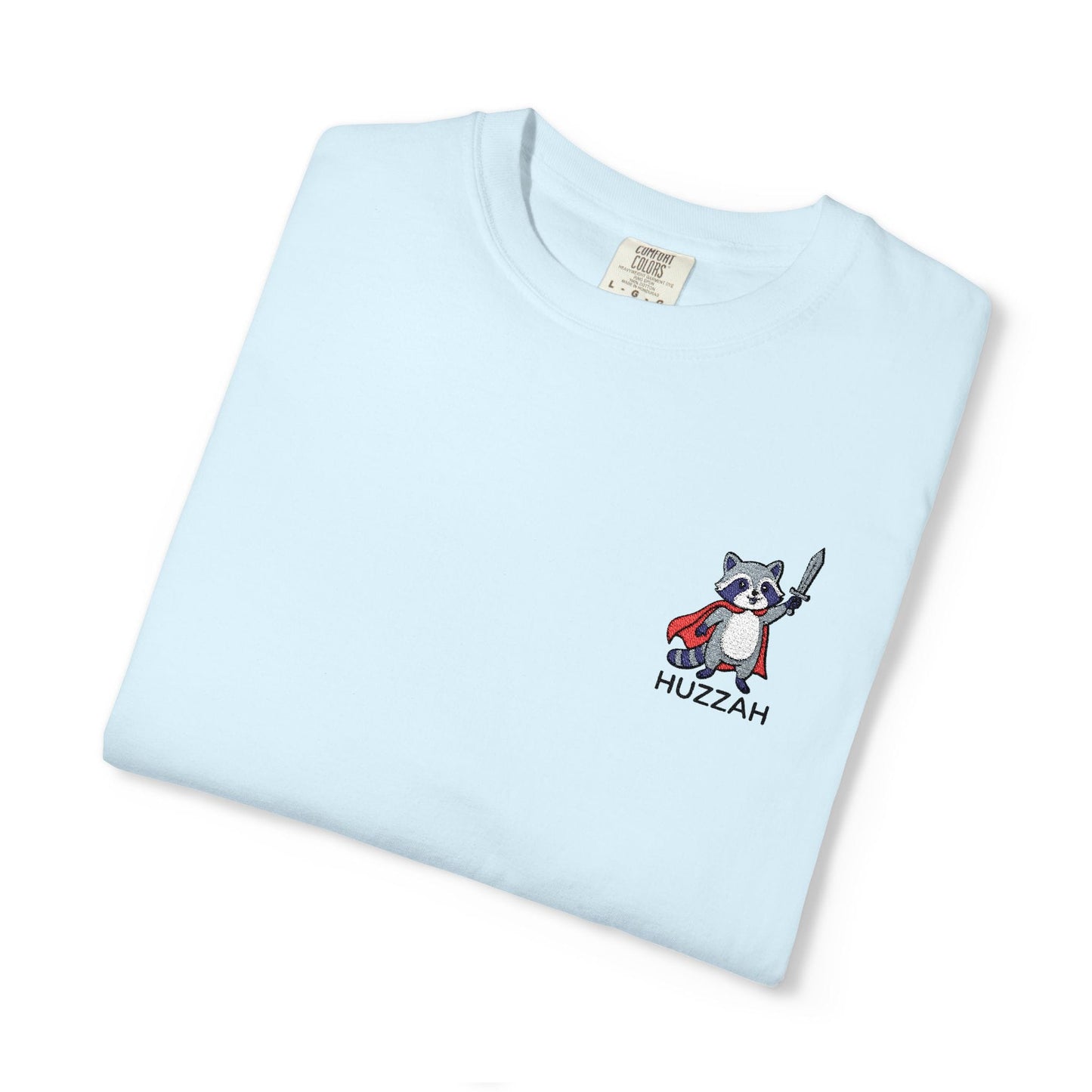 Printify T-Shirt Chambray / S Huzzah Raccoon Embroidery T-Shirt - Comfort Colors