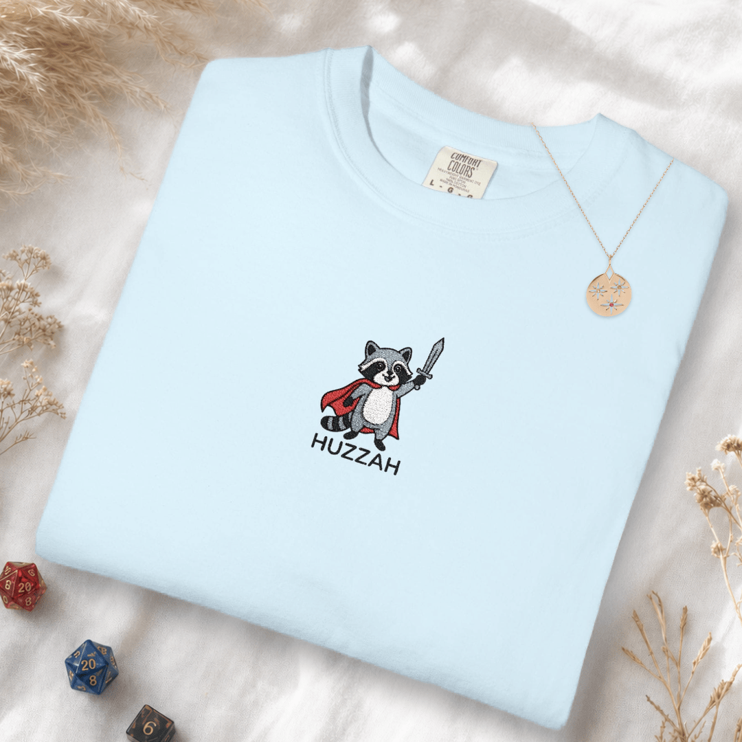 Printify T-Shirt Chambray / S Huzzah Raccoon Embroidery T-Shirt - Comfort Colors