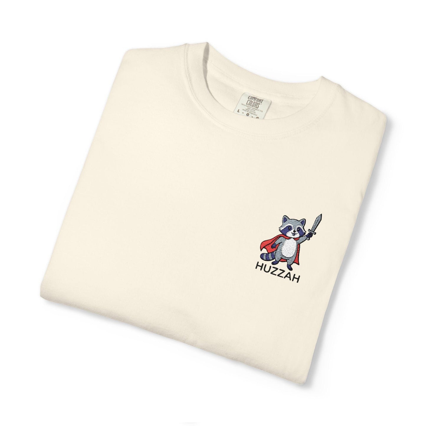 Printify T-Shirt Ivory / S Huzzah Raccoon Embroidery T-Shirt - Comfort Colors