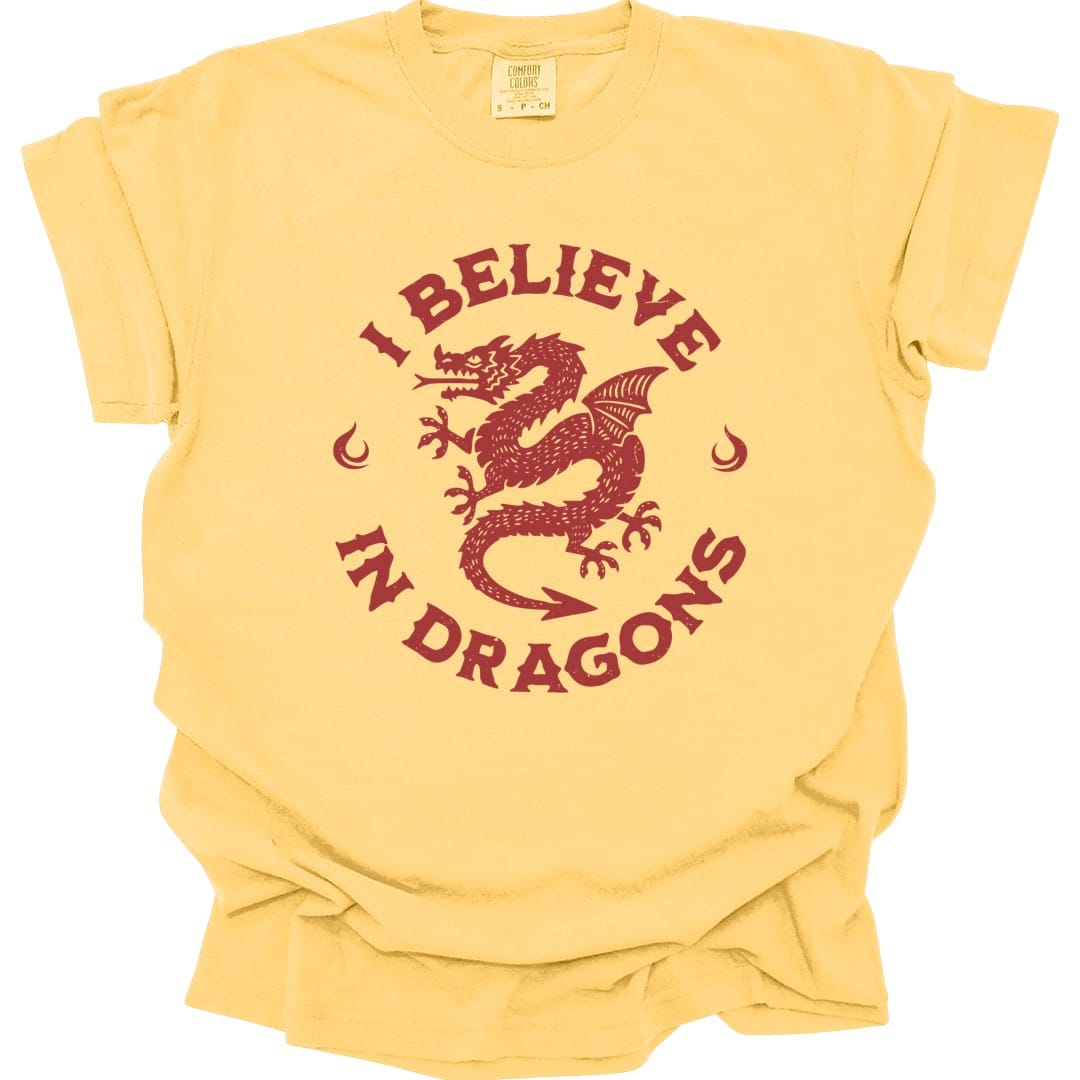 The same I Believe in Dragons design, on a butter t-shirt.