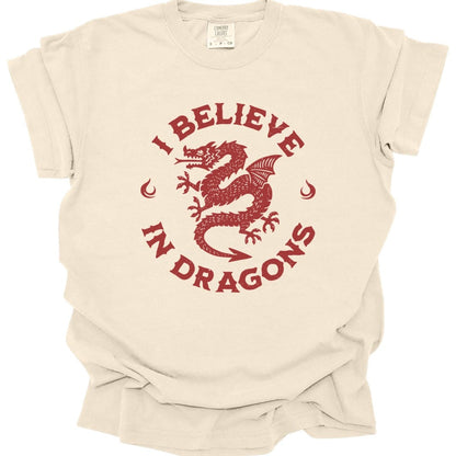 The same I Believe in Dragons design, on an ivory t-shirt.