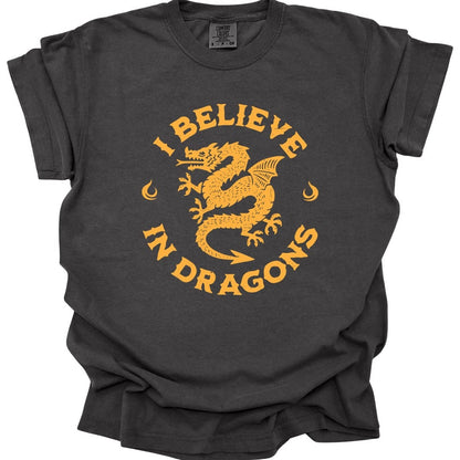 The same I Believe in Dragons design, on a pepper t-shirt.