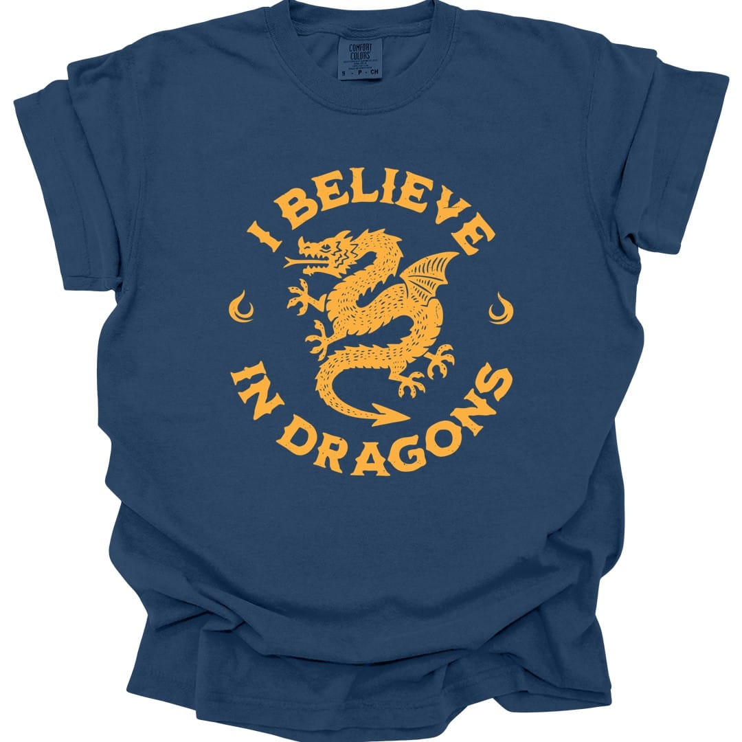 The same I Believe in Dragons design, on a true navy t-shirt.