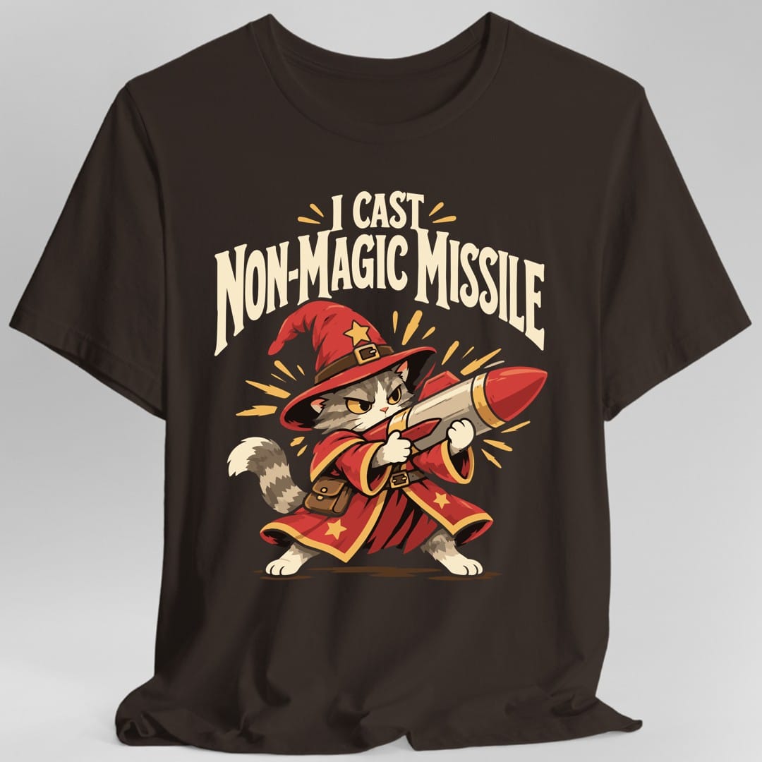 The same Non-Magic Missile wizard cat design, on a dark chocolate t-shirt.