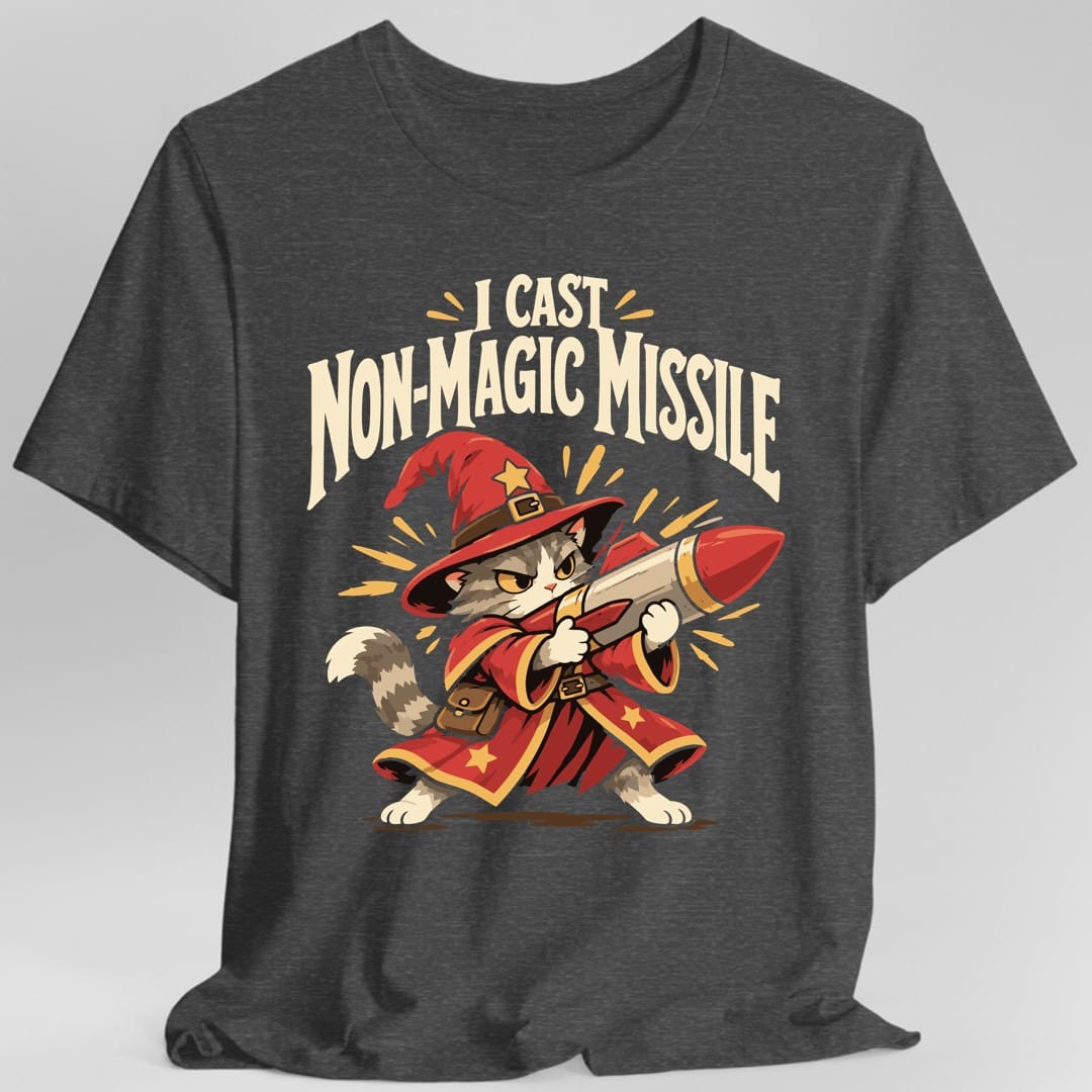 The same Non-Magic Missile wizard cat design, on a dark heather t-shirt.