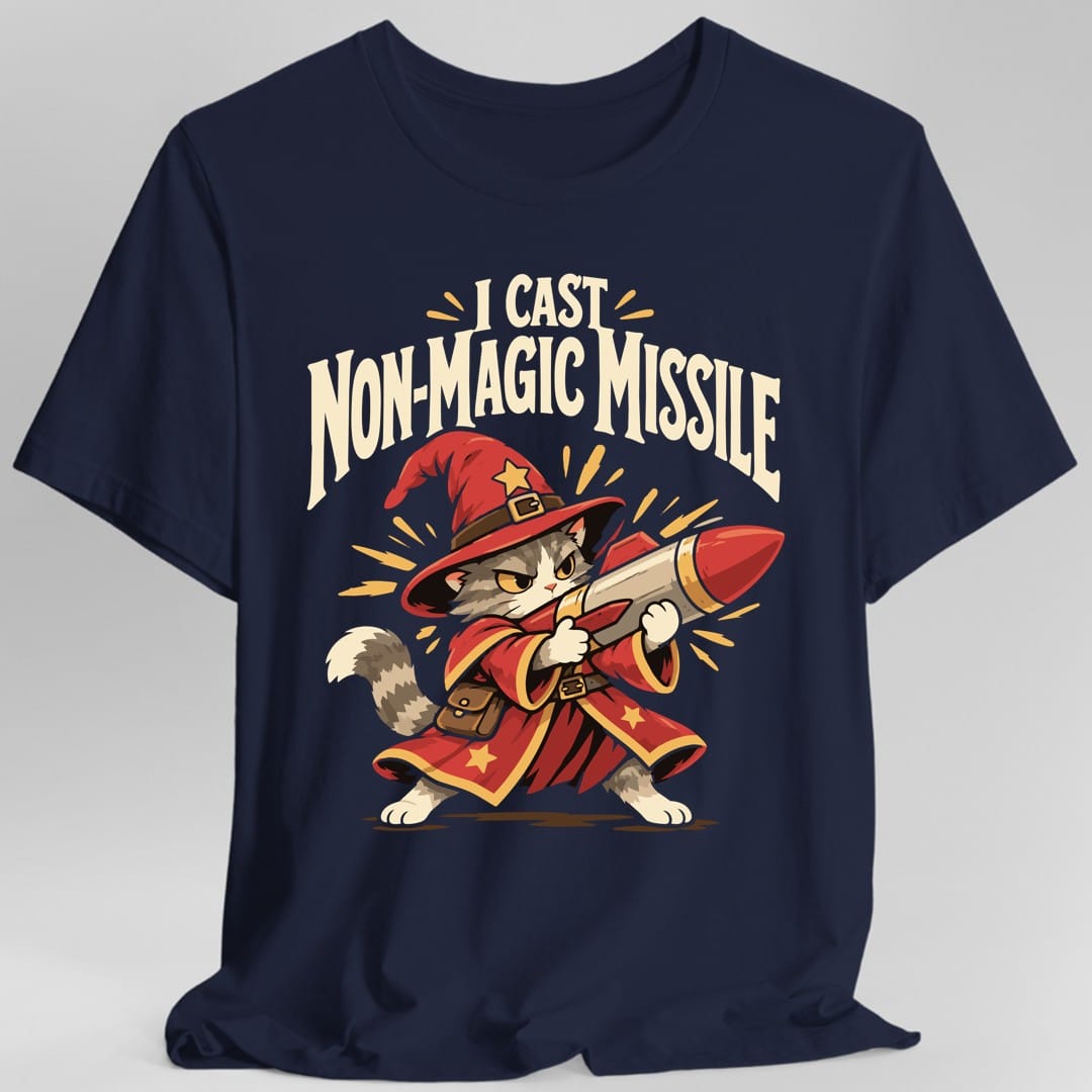 The same Non-Magic Missile wizard cat design, on a navy t-shirt.