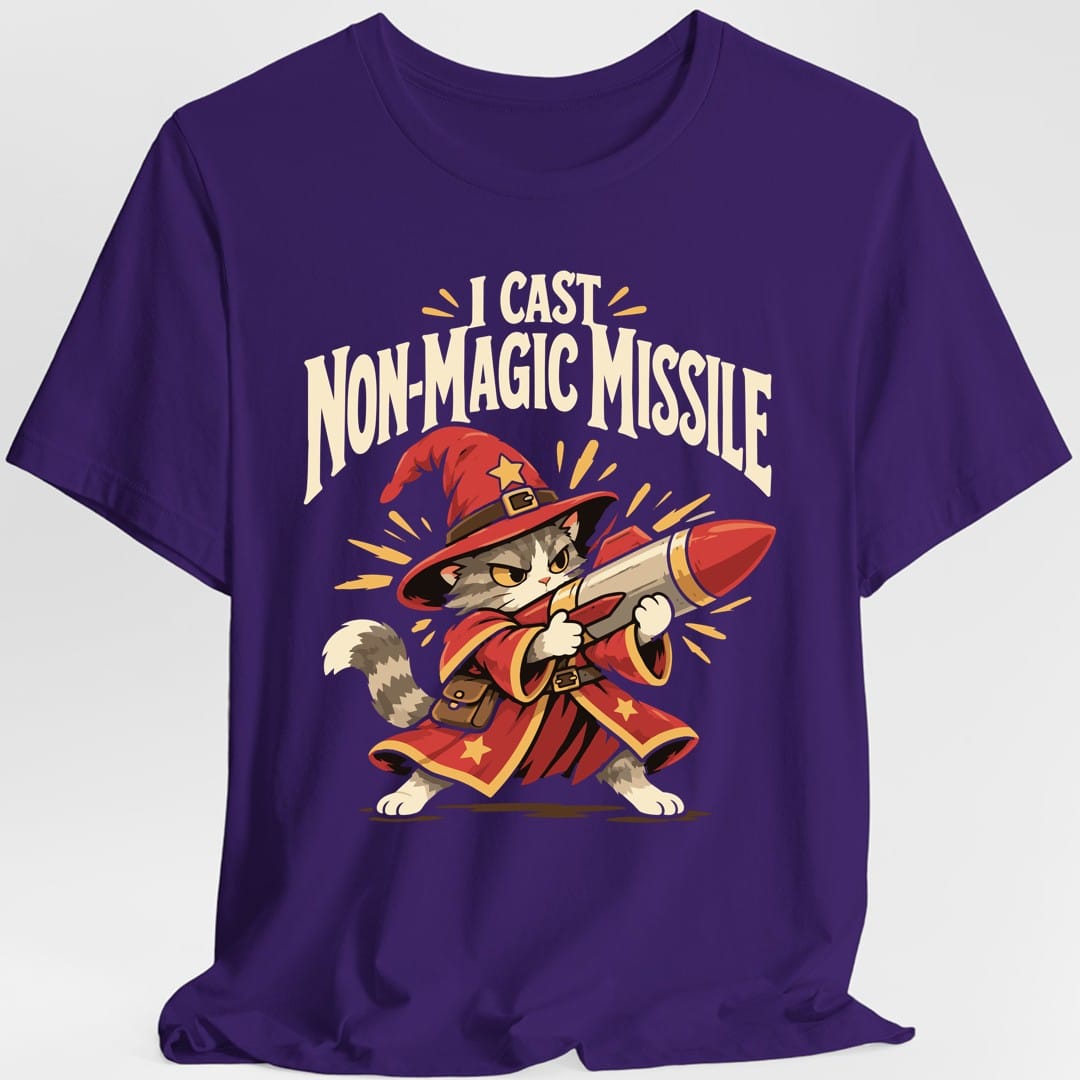 The same Non-Magic Missile wizard cat design, on a purple t-shirt.