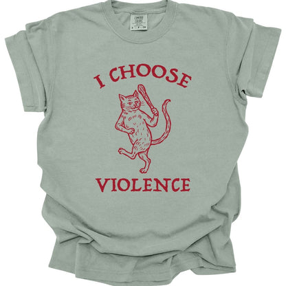 The same I Choose Violence cat design, on a bay t-shirt.