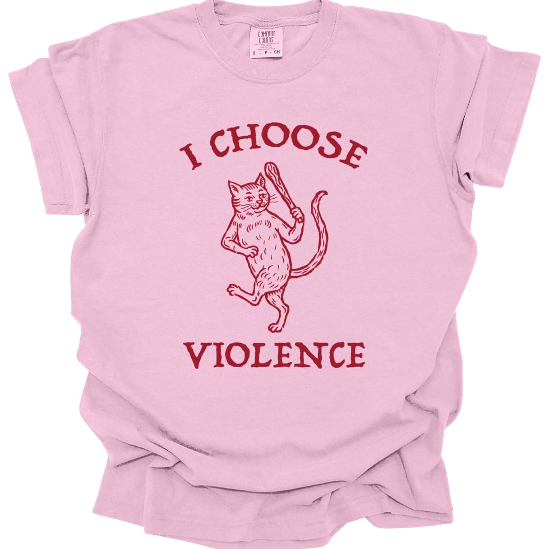 The same I Choose Violence cat design, on a blossom t-shirt.