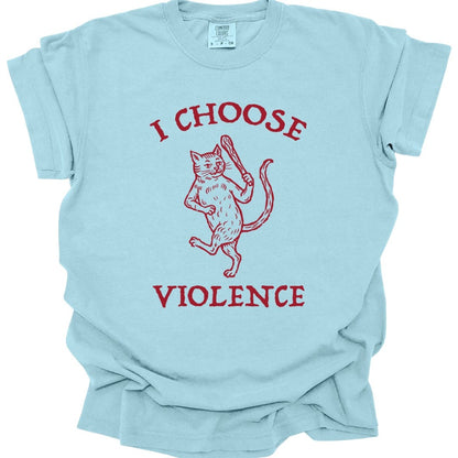 The same I Choose Violence cat design, on a chambray t-shirt.