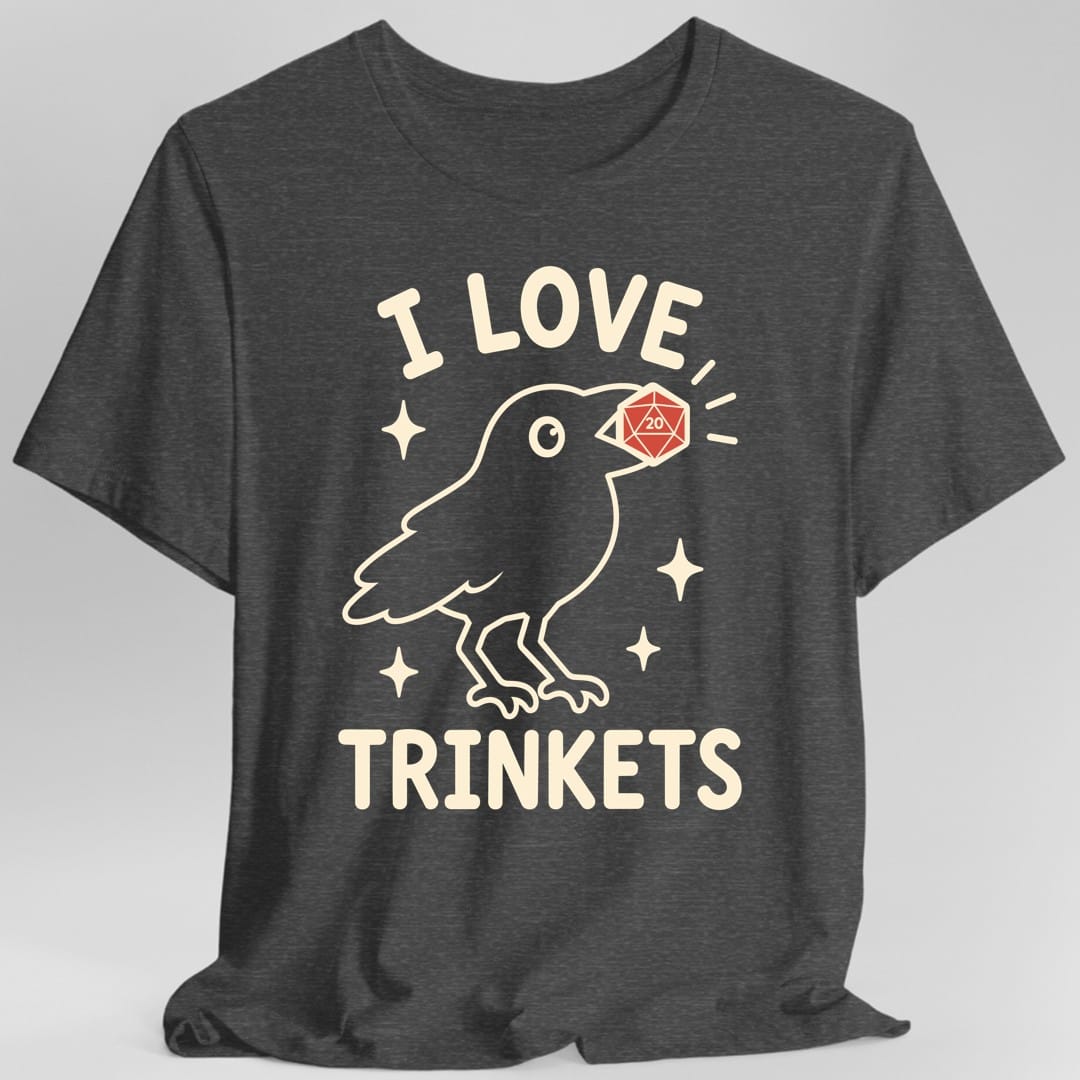 The same I Love Trinkets design, on a dark heather t-shirt.