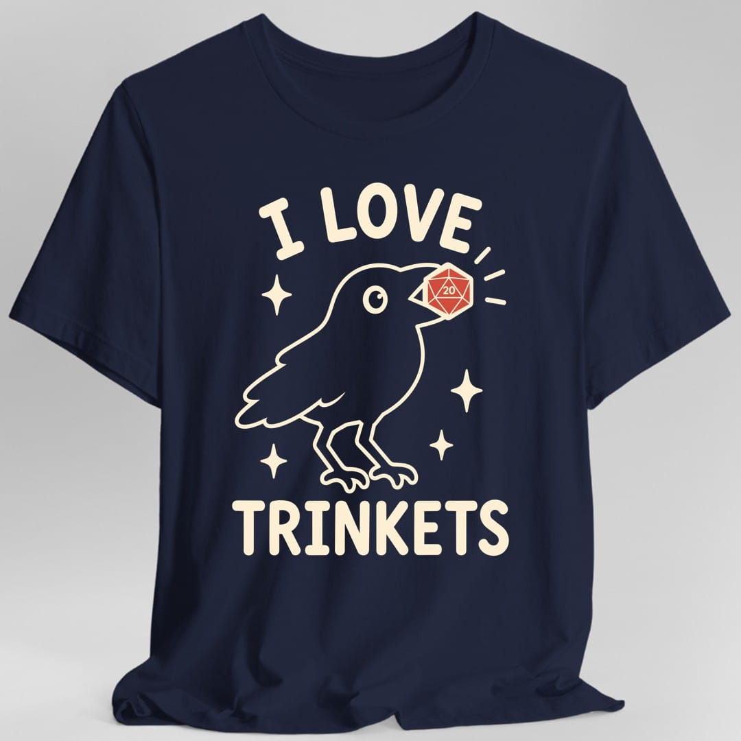 The same I Love Trinkets design, on a navy t-shirt.
