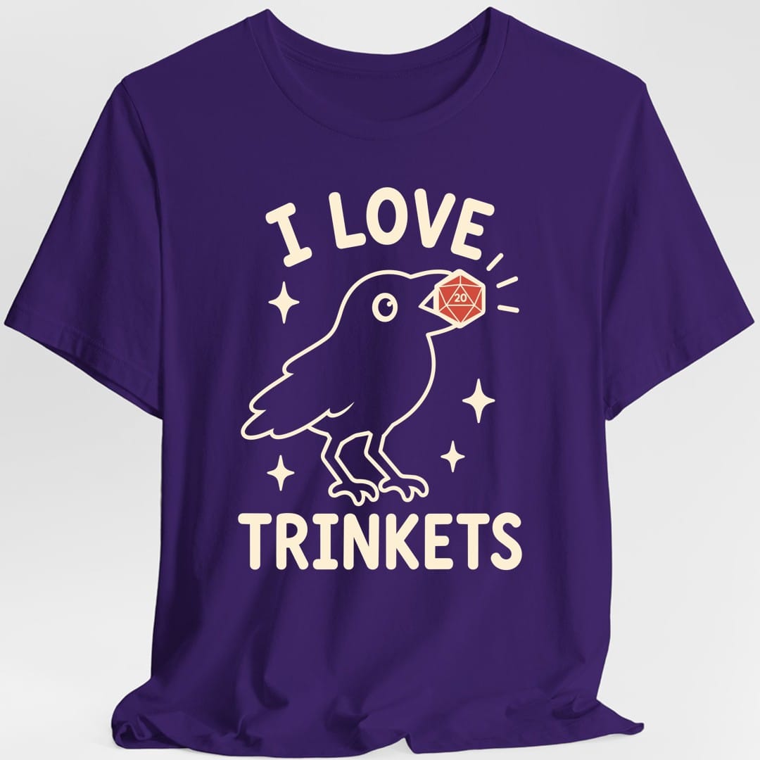 The same I Love Trinkets design, on a purple t-shirt.