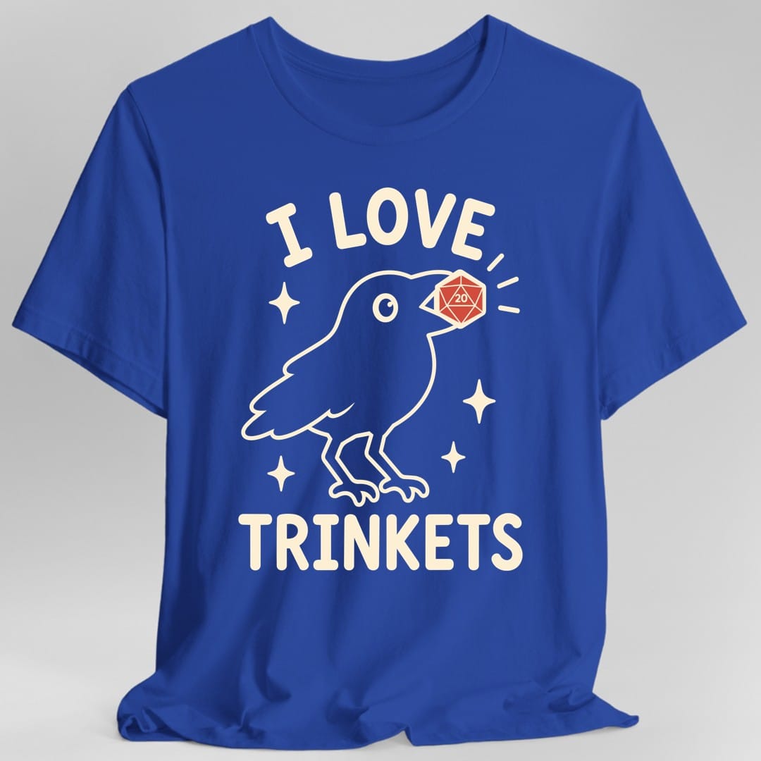 The same I Love Trinkets design, on a royal t-shirt.