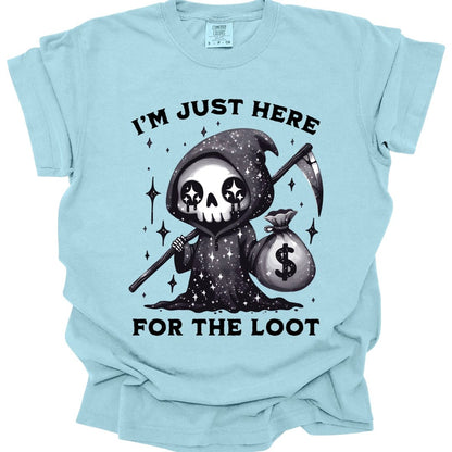 The same Just Here For The Loot reaper design, on a chambray t-shirt.