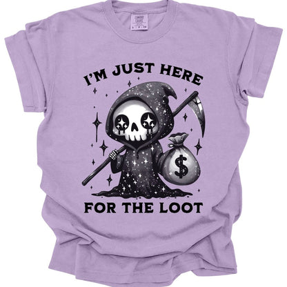 The same Just Here For The Loot reaper design, on an orchid t-shirt.