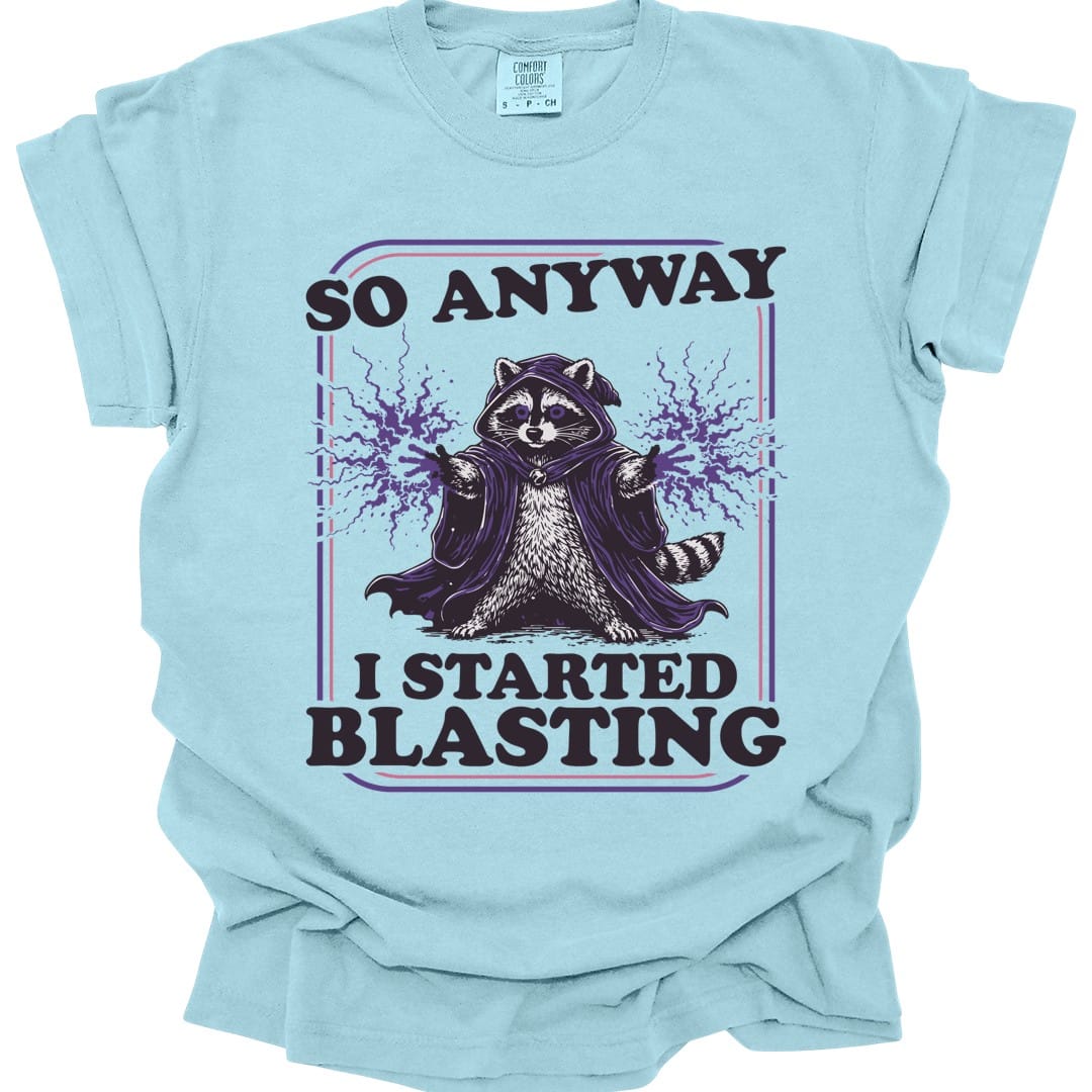 The same I Started Blasting raccoon design, on a chambray t-shirt.