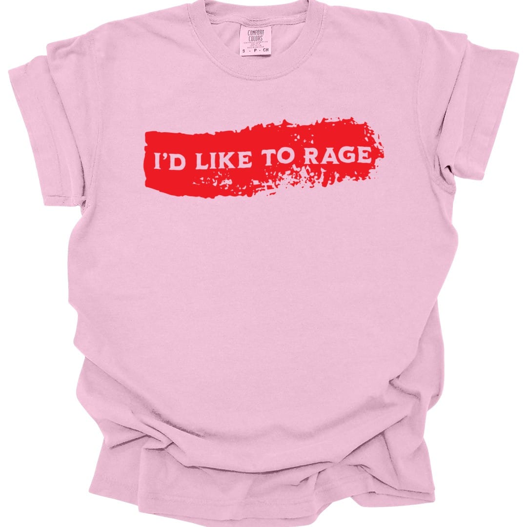 The same I'd Like to Rage bloodstain design, on a blossom t-shirt.