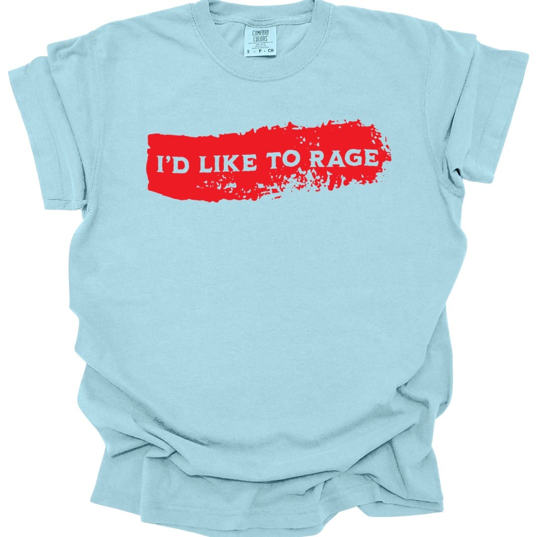 The same I'd Like to Rage bloodstain design, on a chambray t-shirt.