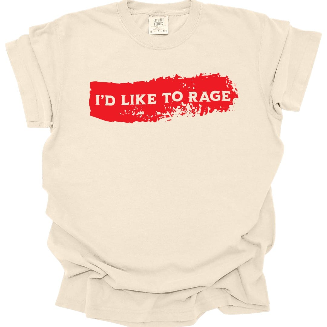 The same I'd Like to Rage bloodstain design, on an ivory t-shirt.