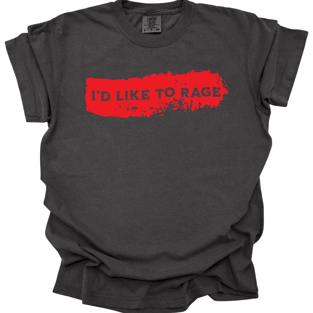 The same I'd Like to Rage bloodstain design, on a pepper t-shirt.