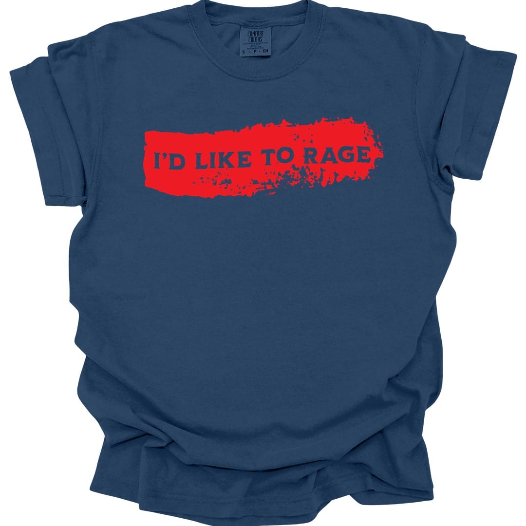 The same I'd Like to Rage bloodstain design, on a true navy t-shirt.