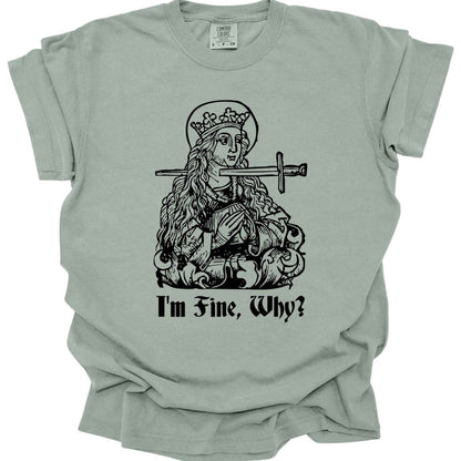 The same I'm Fine Why medieval design, on a bay t-shirt.