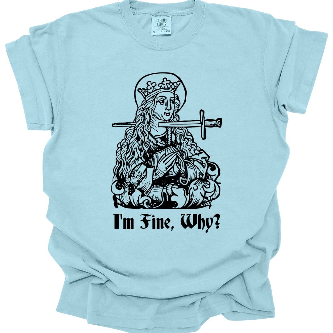 The same I'm Fine Why medieval design, on a chambray t-shirt.