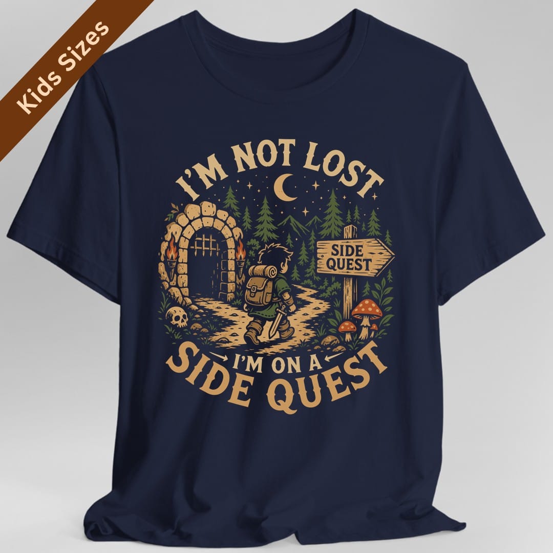The same Side Quest dungeon scene design, on a navy kids t-shirt.