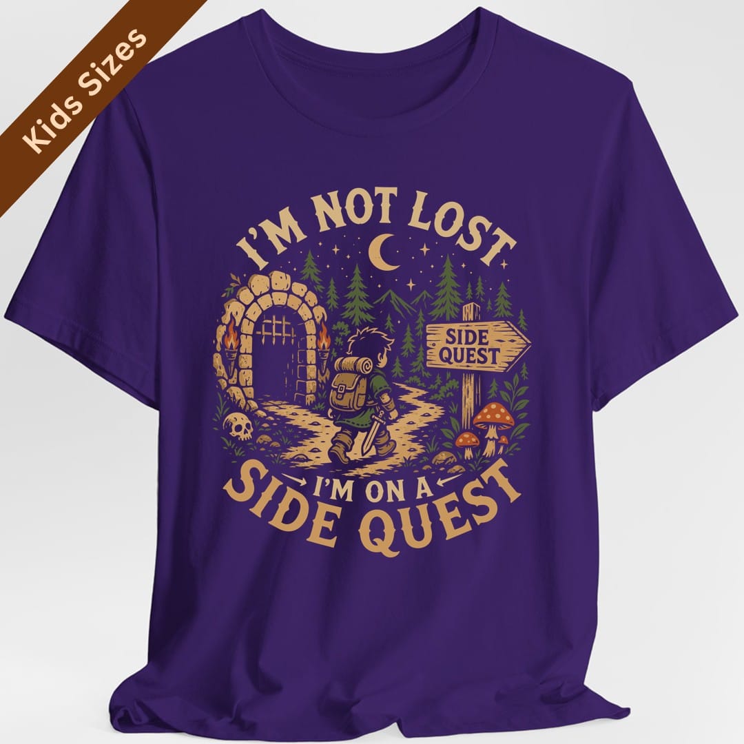 The same Side Quest dungeon scene design, on a purple kids t-shirt.