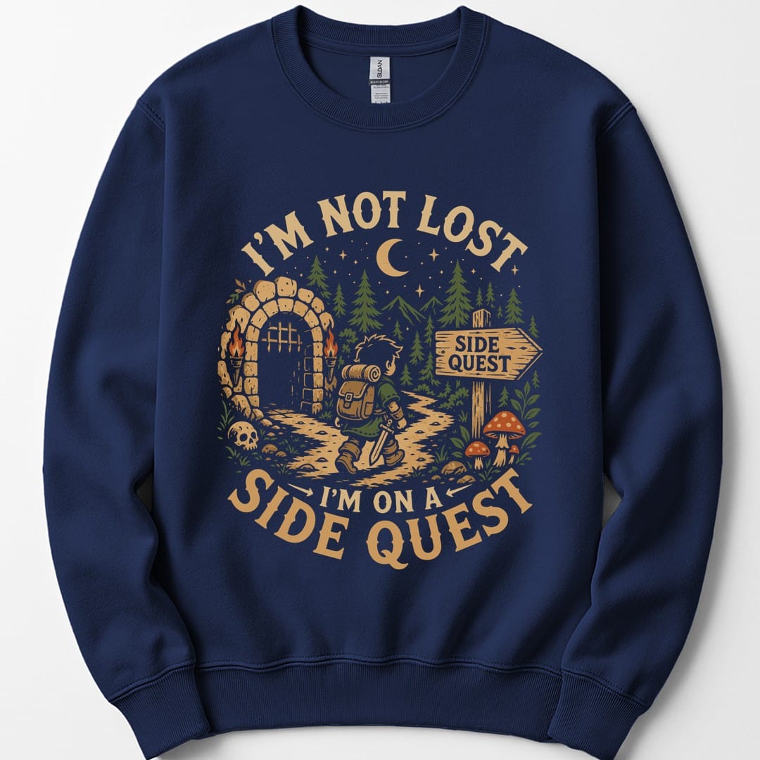 The same Side Quest dungeon scene design, on a navy sweatshirt.