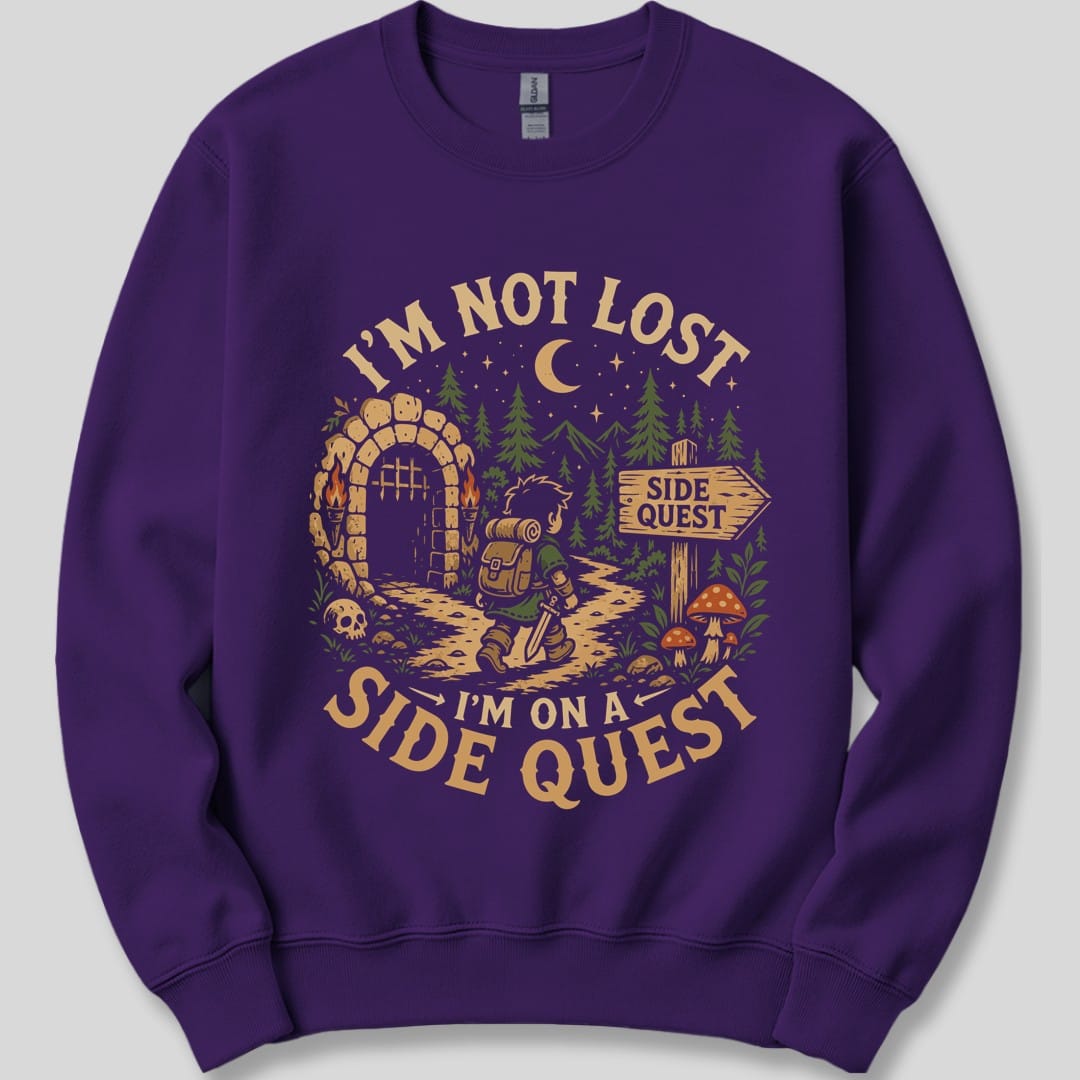 The same Side Quest dungeon scene design, on a purple sweatshirt.