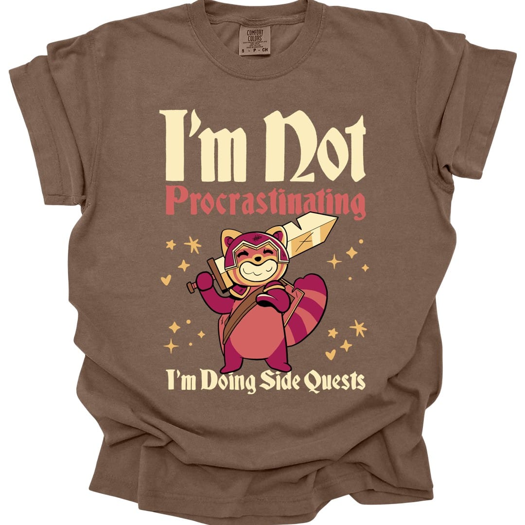 The same Not Procrastinating red panda design, on an espresso t-shirt.