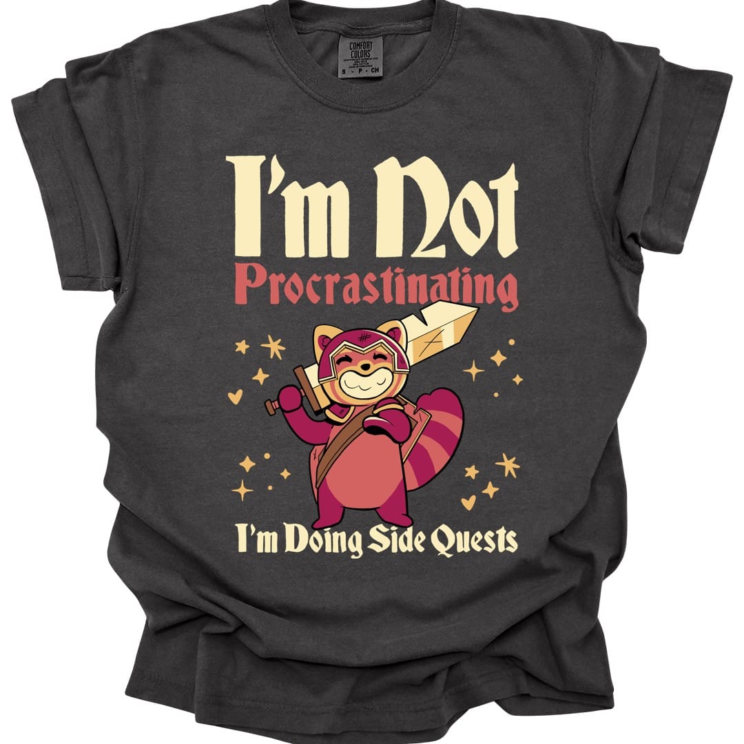 The same Not Procrastinating red panda design, on a pepper t-shirt.
