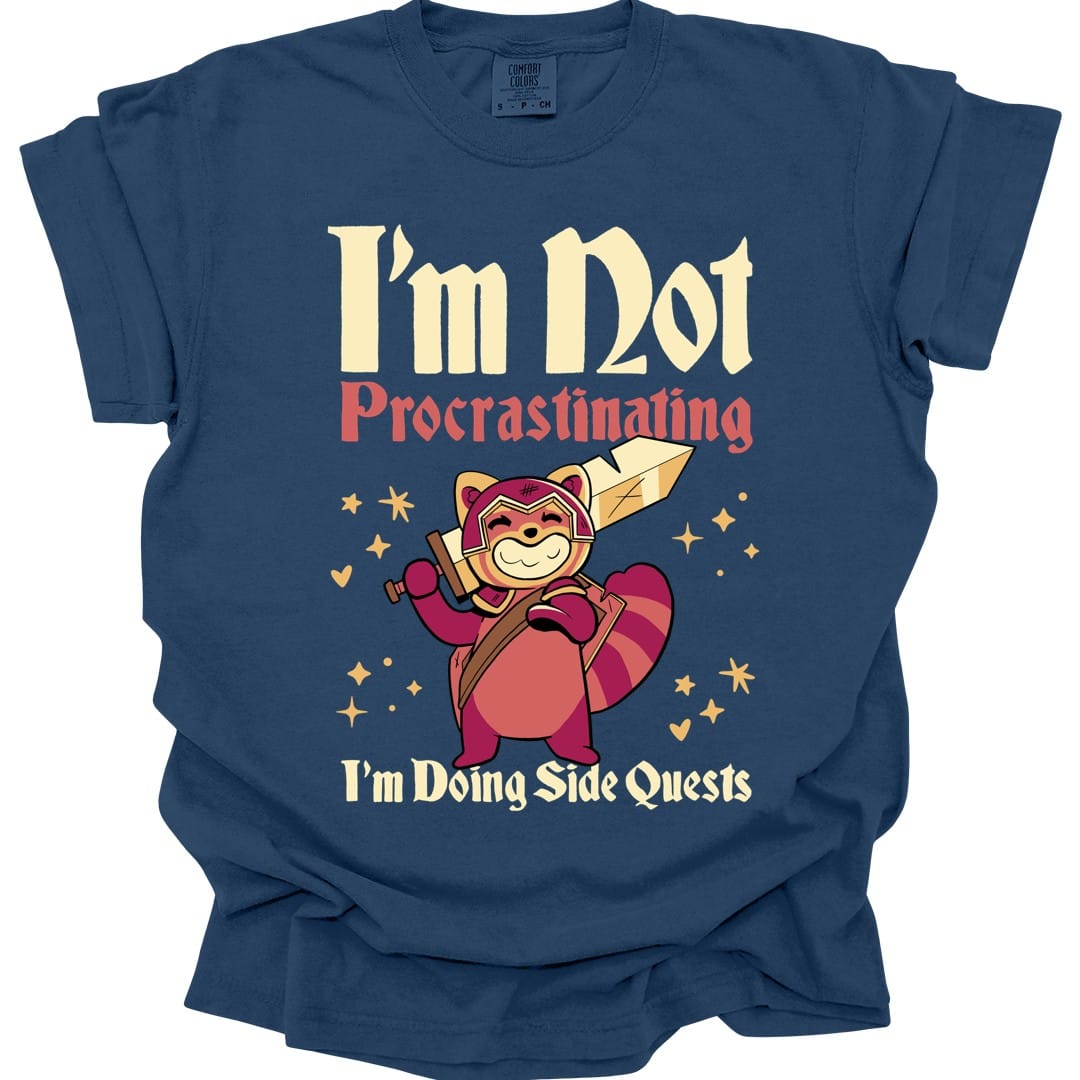 The same Not Procrastinating red panda design, on a true navy t-shirt.