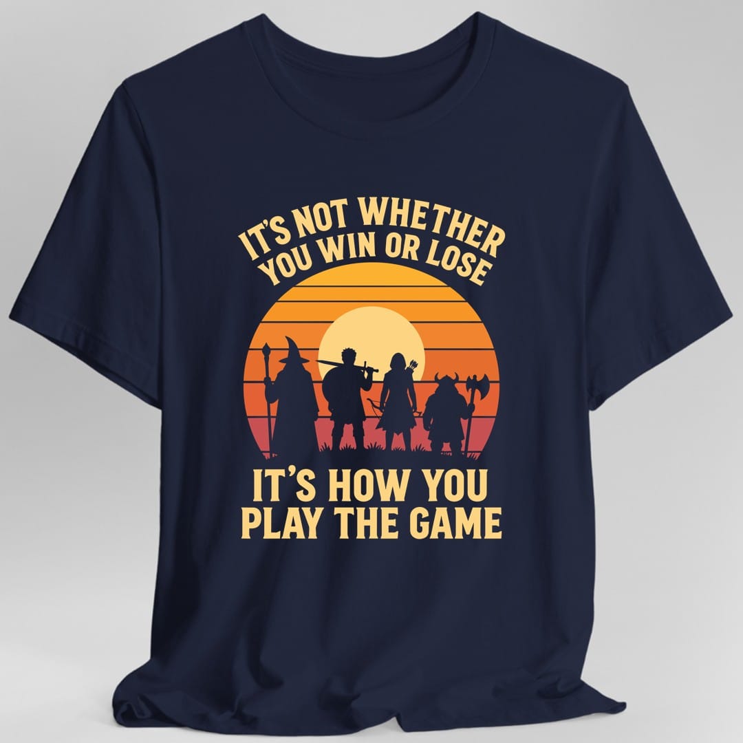 The same How you play the game design, on a navy t-shirt.