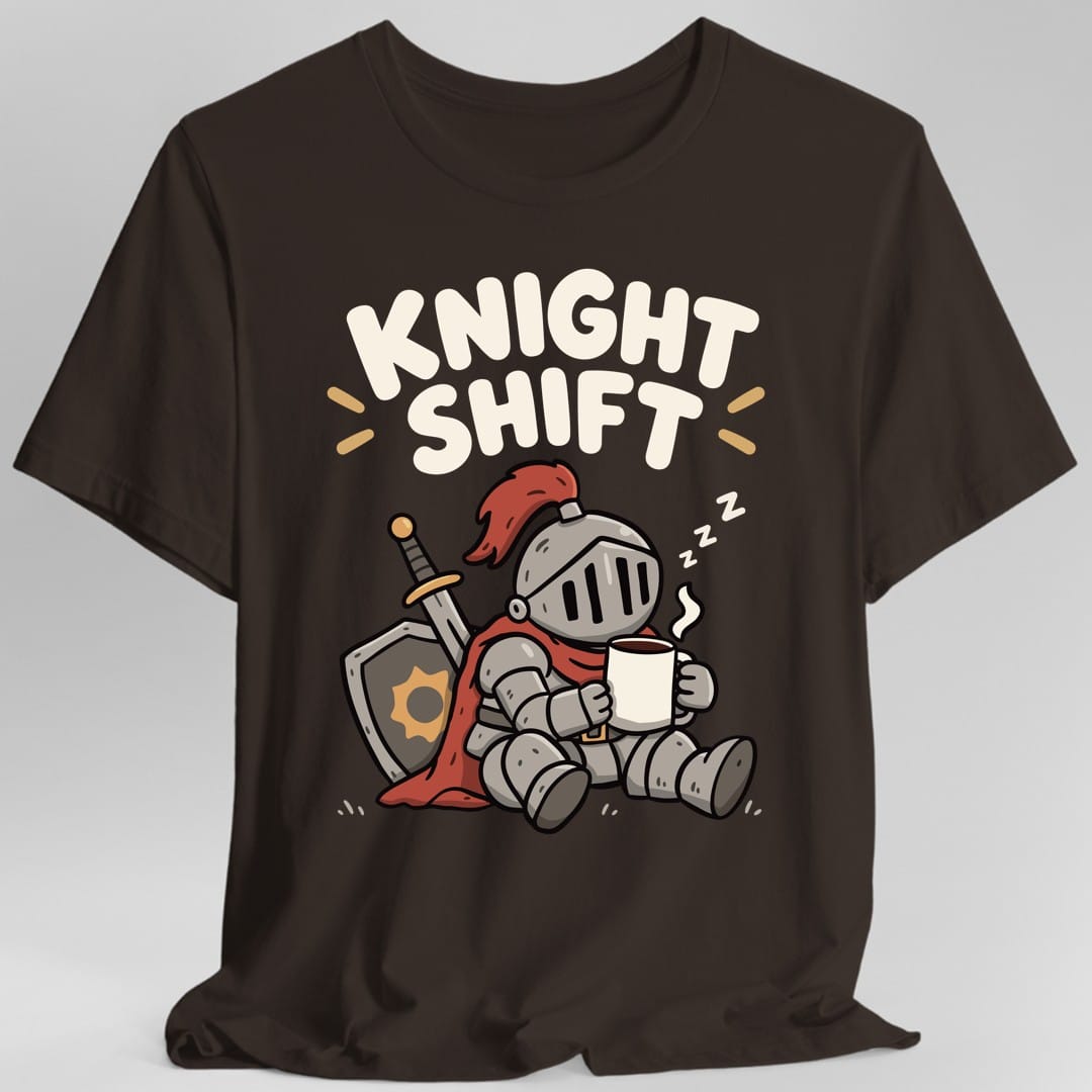 The same Knight Shift sleepy knight design, on a dark chocolate t-shirt.