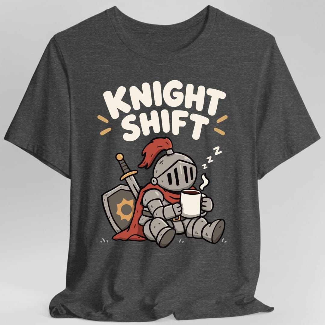 The same Knight Shift sleepy knight design, on a dark heather t-shirt.
