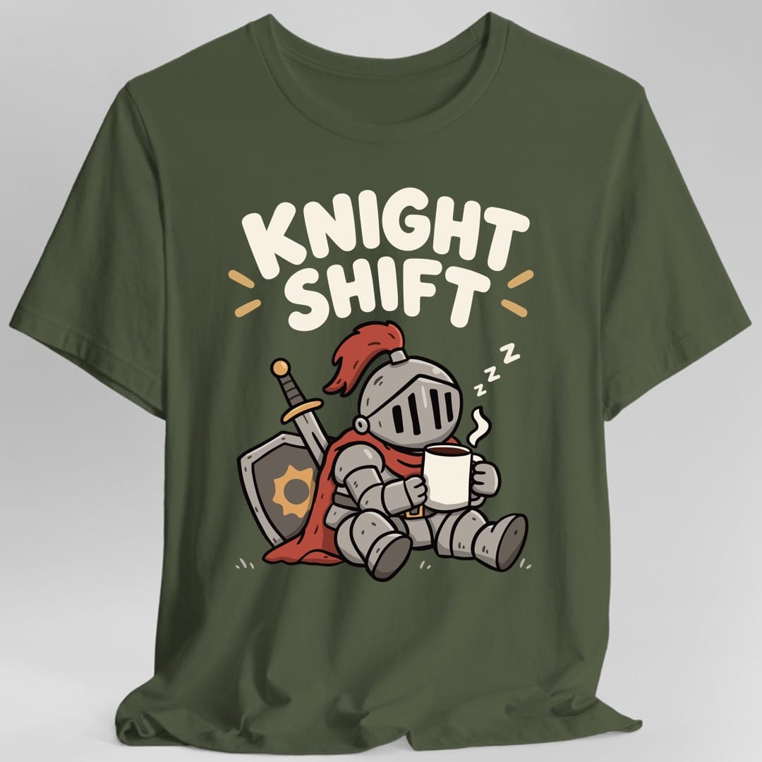 The same Knight Shift sleepy knight design, on a military green t-shirt.
