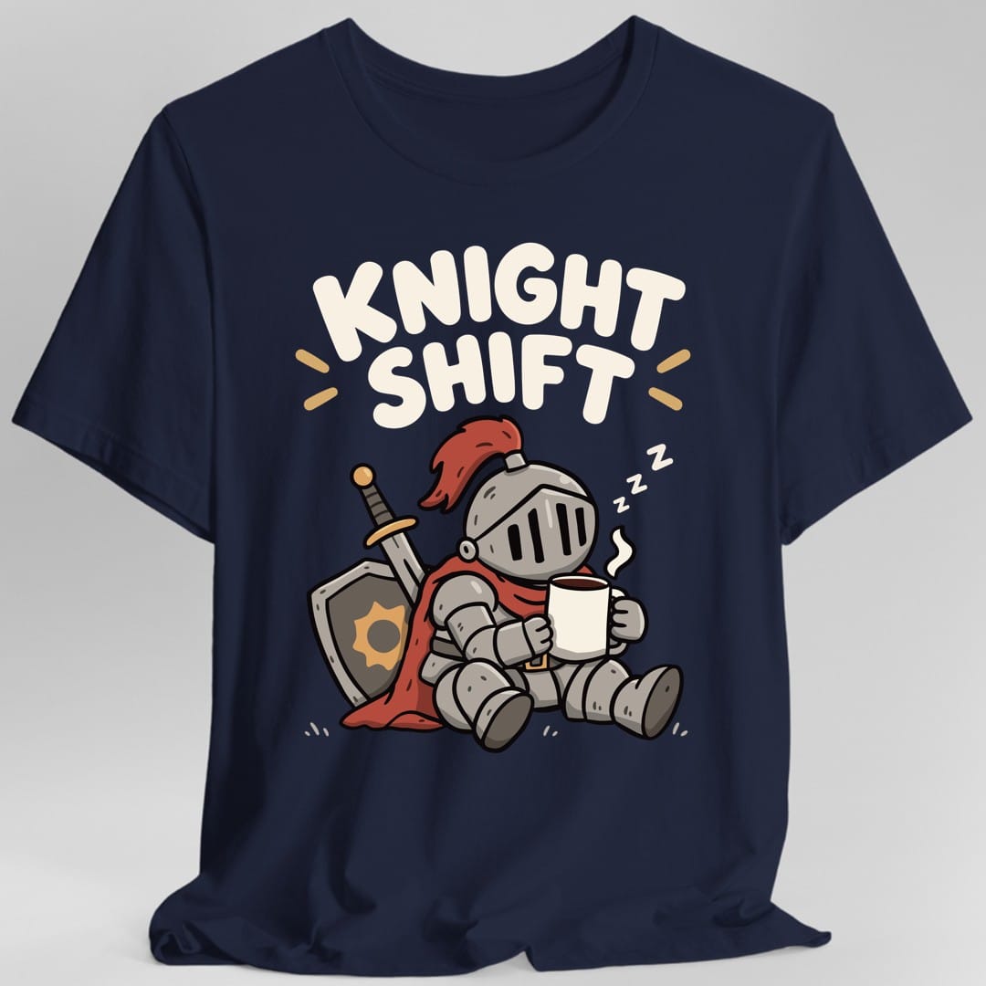 The same Knight Shift sleepy knight design, on a navy t-shirt.