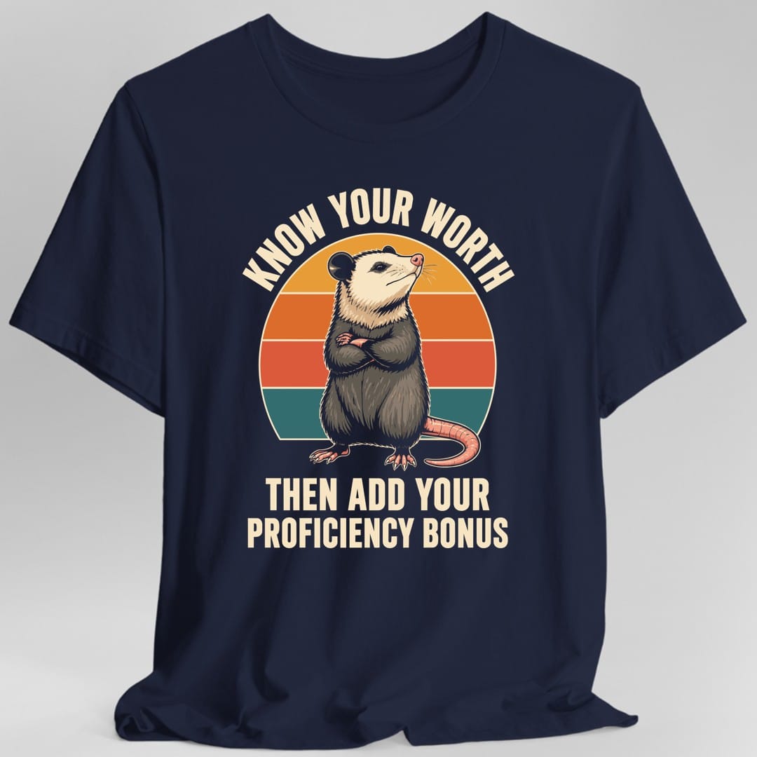 The same Know your worth opossum design, on a navy t-shirt.
