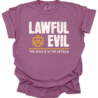 The same Lawful Evil alignment design, on a berry t-shirt.