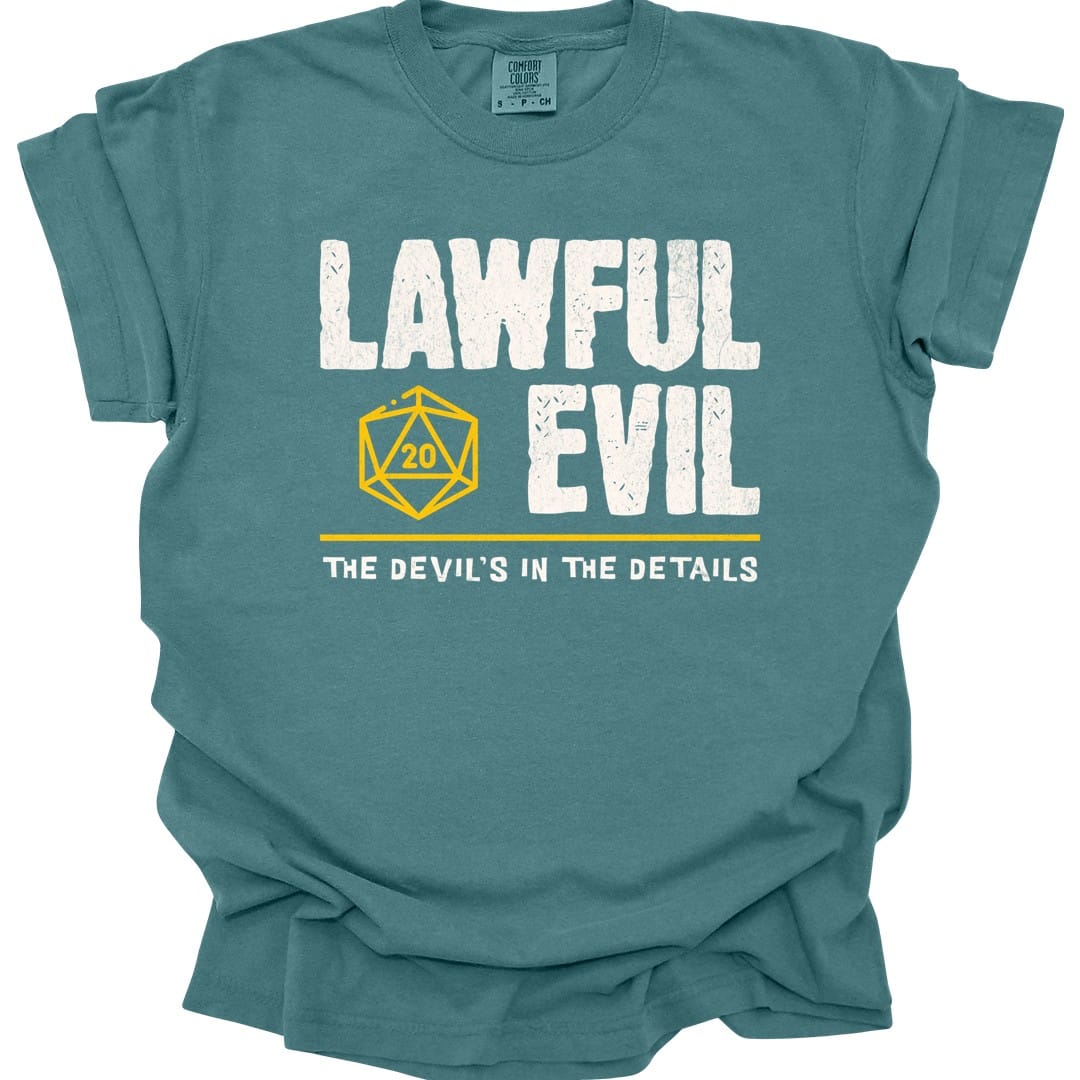 The same Lawful Evil alignment design, on a blue spruce t-shirt.